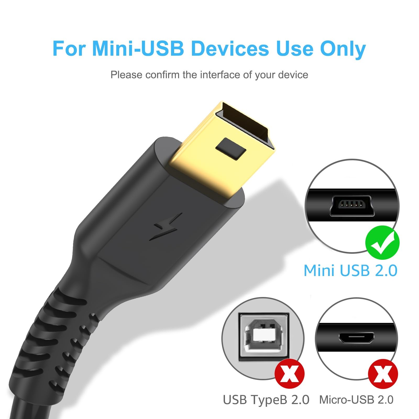 Mini USB Cable 3ft Standard 2.0 Type A to B Male Charger Data Sync Power Cord