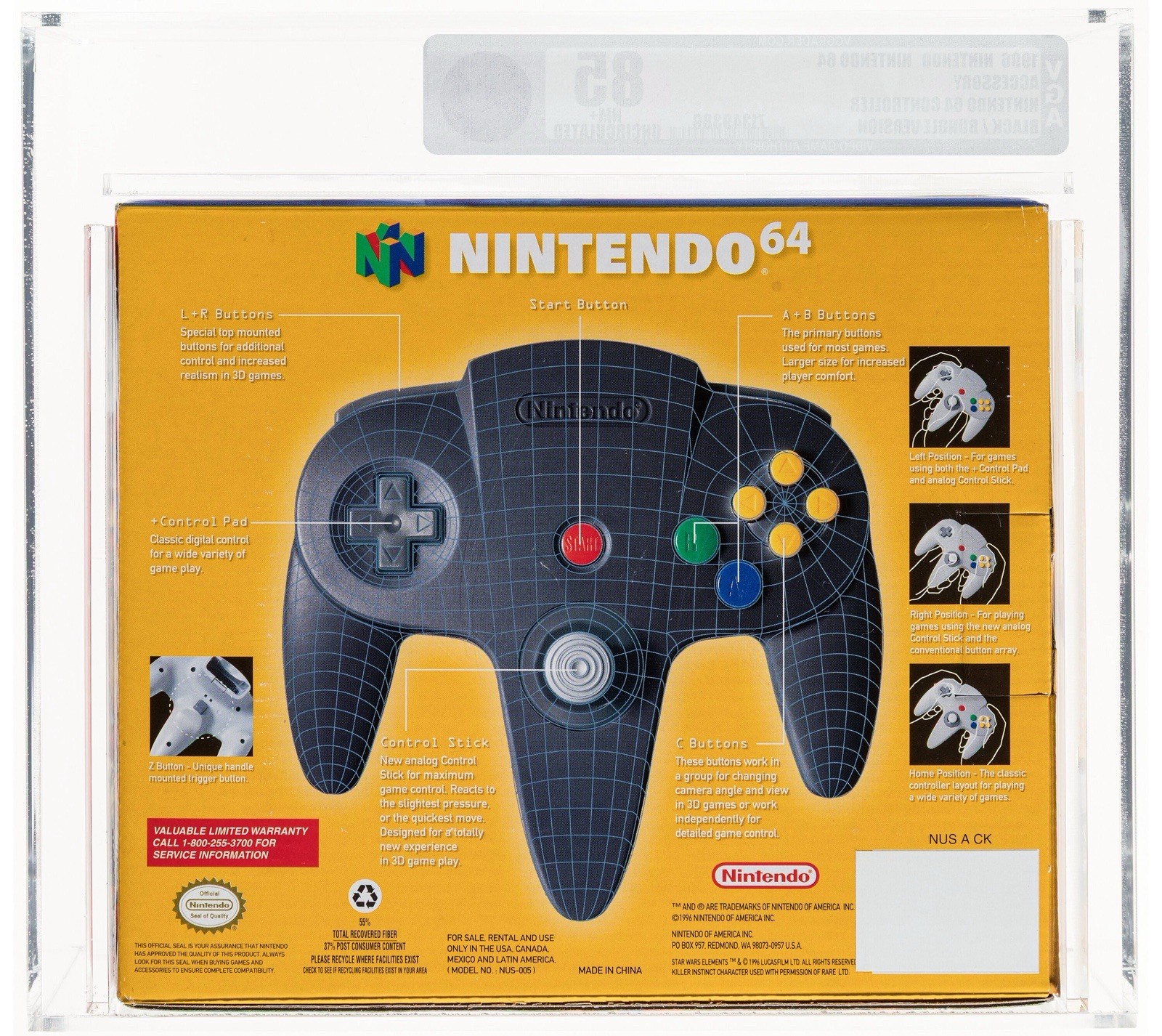 Nintendo 64 Controller VGA 85 NM+ Uncirculated Sealed Black Bundle Version N64