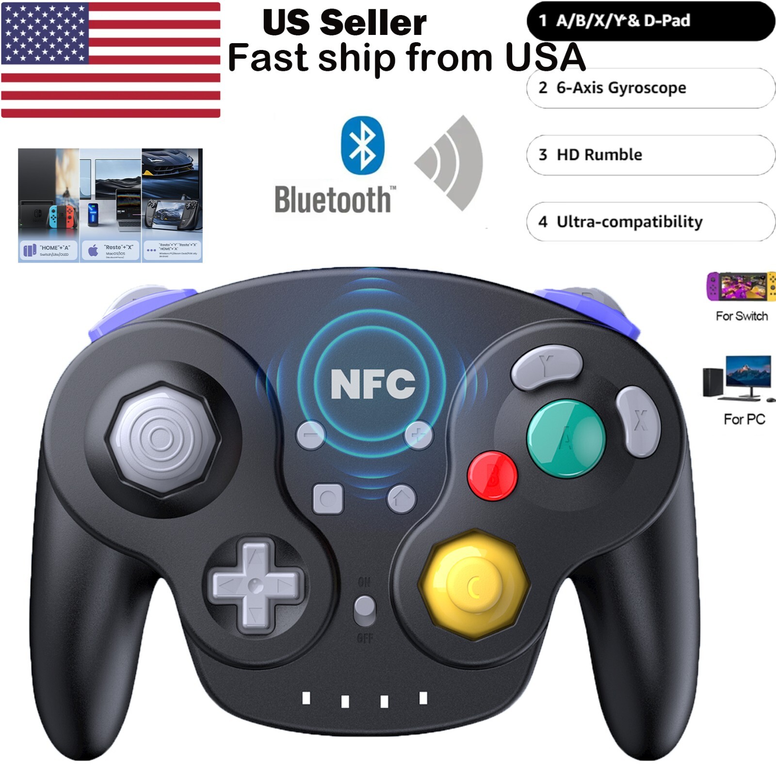 Wireless Gamecube Controller for Switch NSO/PC/Steam NFC & Rumble Rechargeable