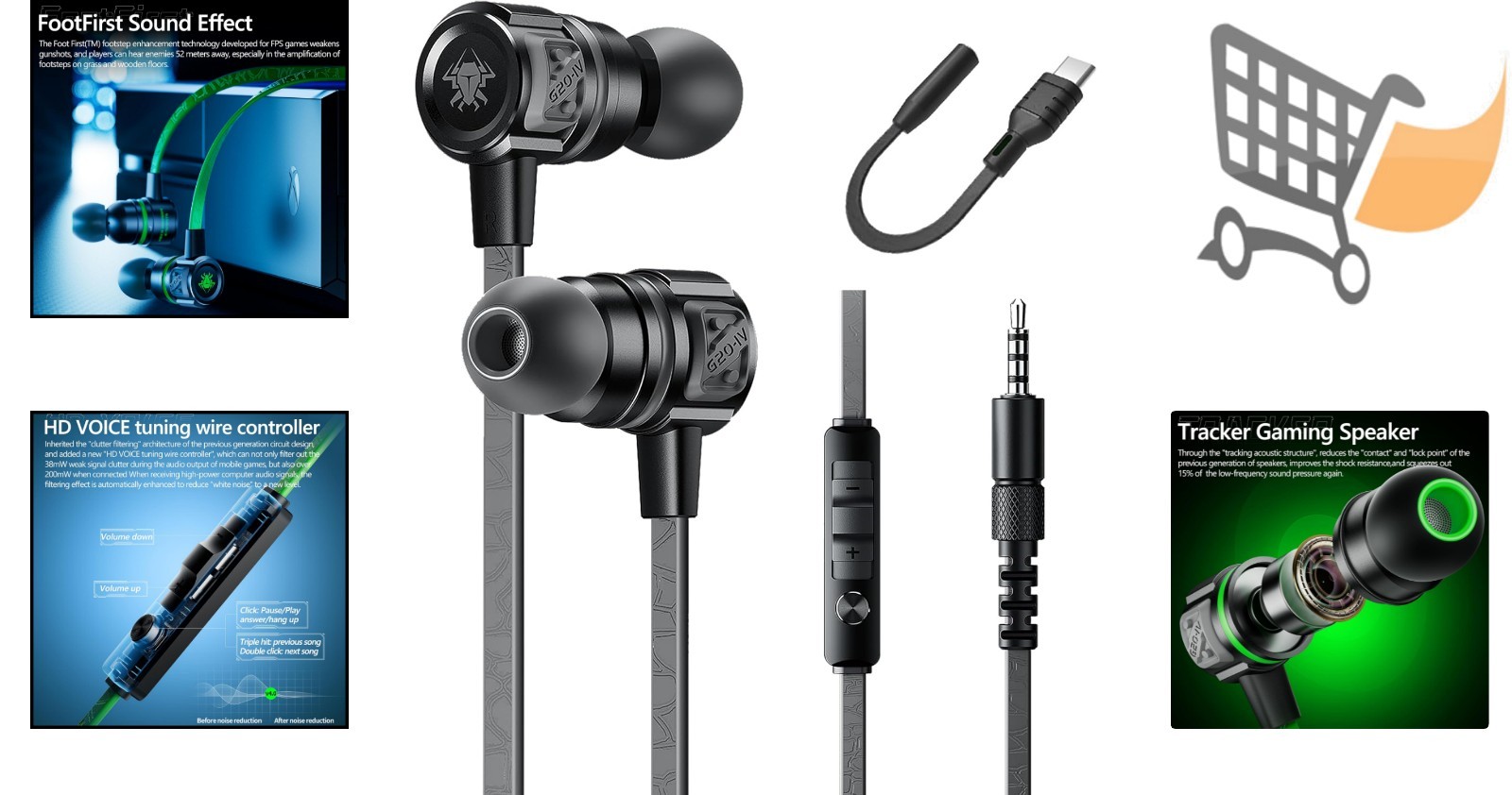 Gaming Earbuds Wired Silicone In Ear 3.5mm USB-C Mic Volume Control Noise Iso…