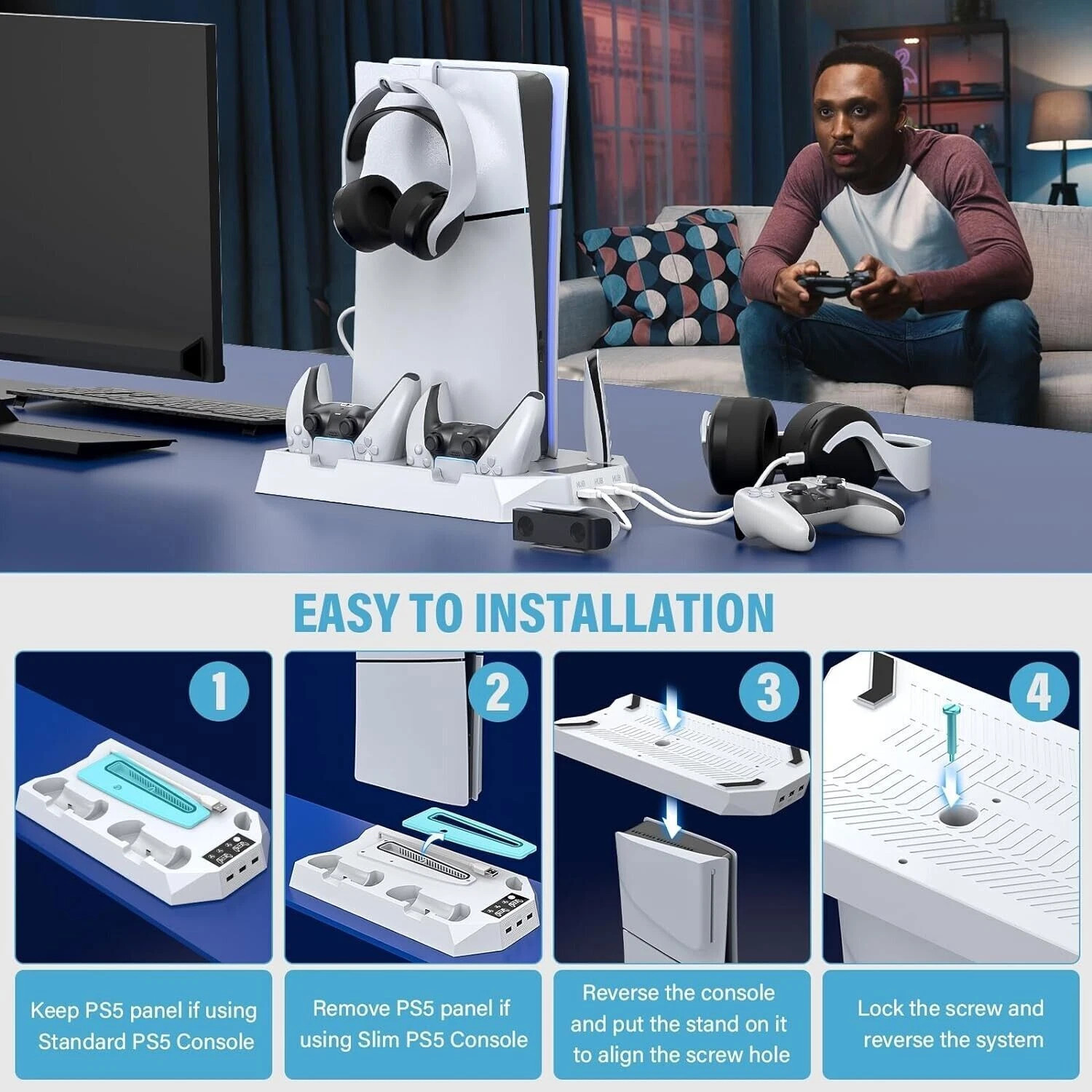 PS5 Slim Stand Cooling Fan,PS5 Controller Charging Station for Sony Playstation5
