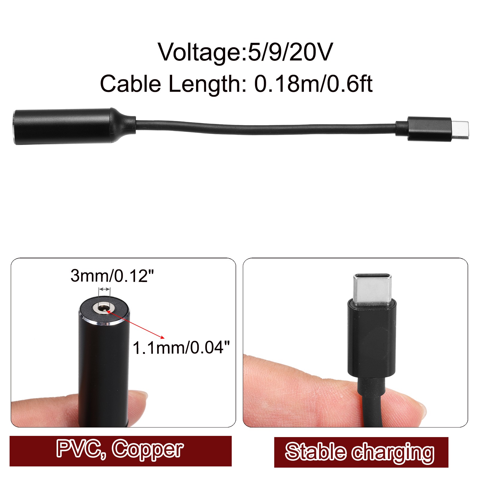 0.6FT USB C to DC PD Power Fast Charging Cable, 3mmx1.1mm 65W/5V/9V/20V(Black)