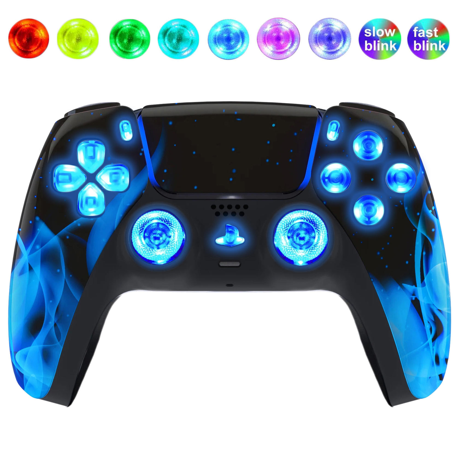 Blue Flames Silent Modz LED Light Up Buttons Wireless Custom Controller for PS5