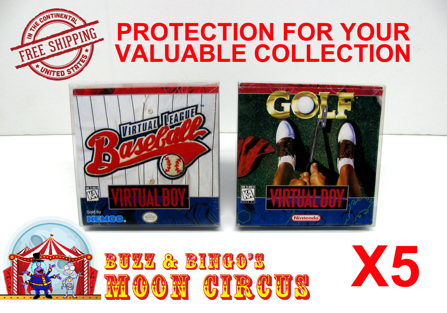 5x NINTENDO VIRTUAL BOY CIB GAME BOX – PROTECTIVE BOX PROTECTOR SLEEVE CASE