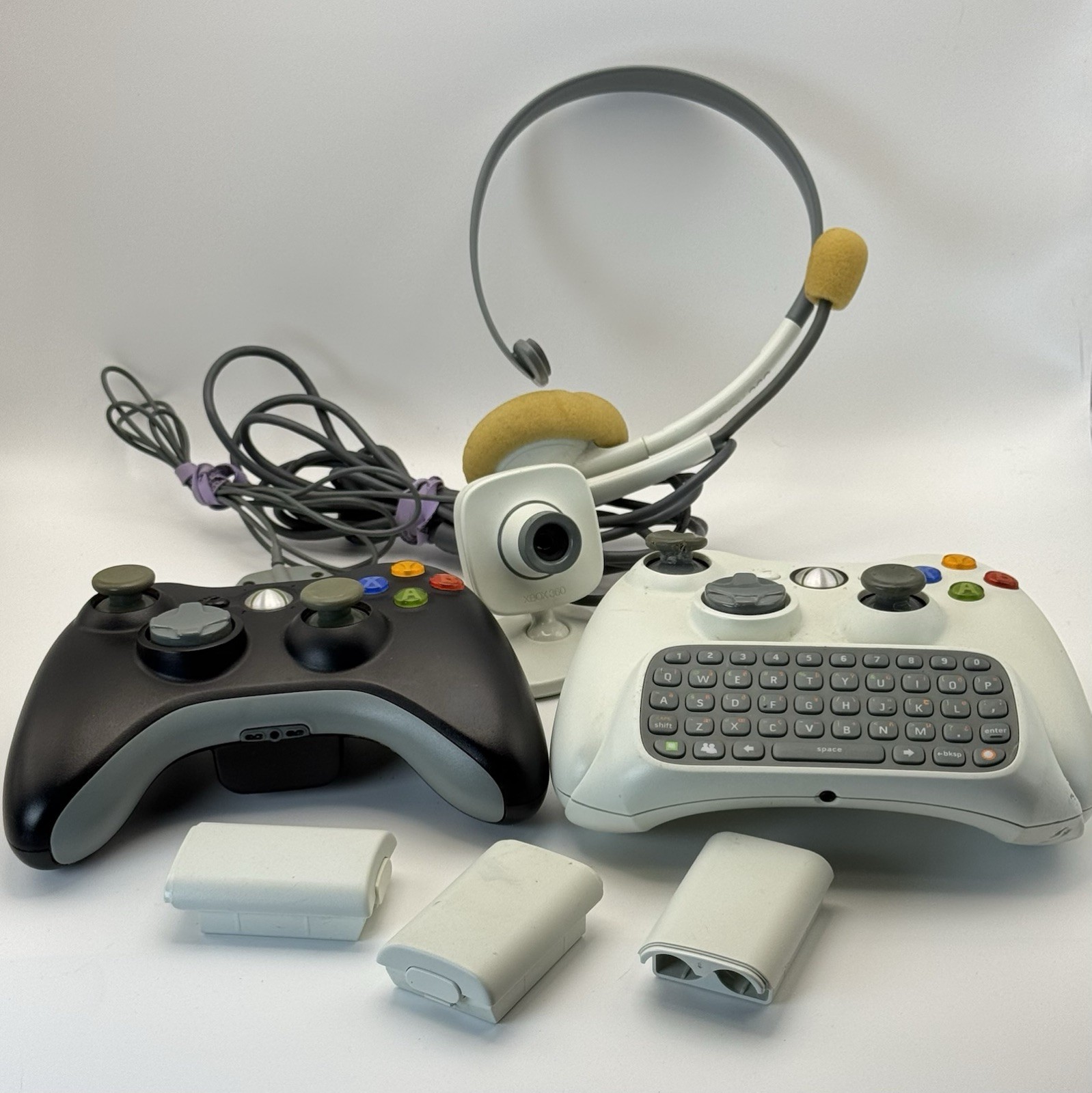 Xbox 360 Lot Chatpad Headset Camera And 2 Controllers, White 1 Has Broken Stick