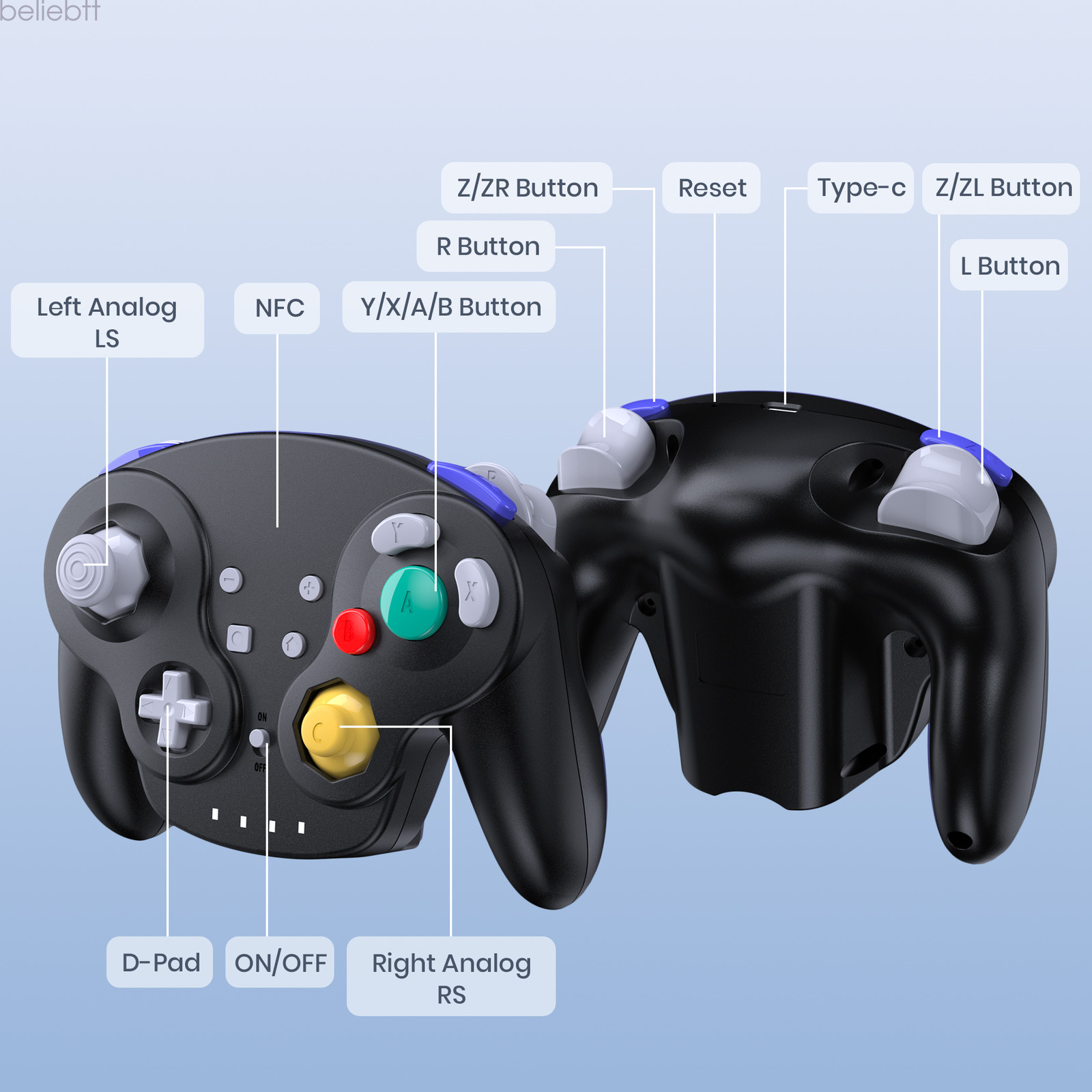 Wireless NFC Gamecube Style Controller for Switch 1/2 PC -/Rumble /Gyro Axis