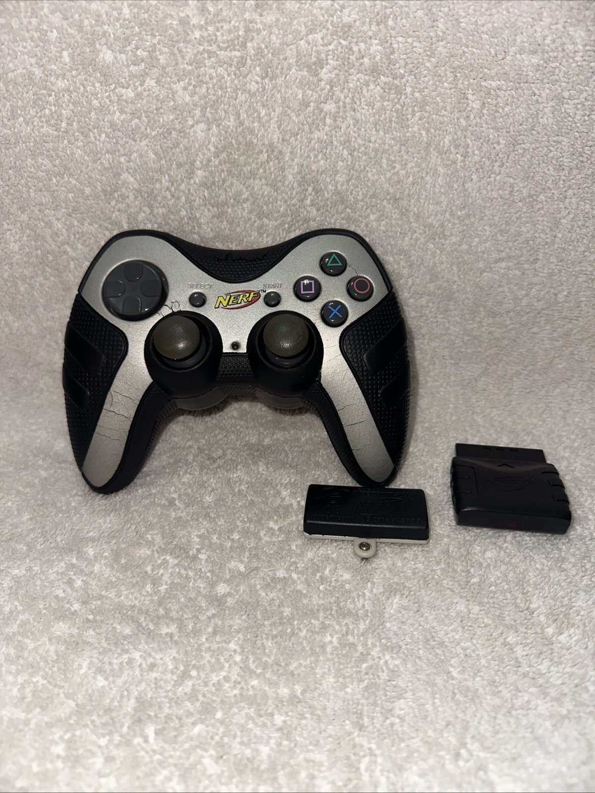 Playstation PS2 Wireless Nerf Black/ Silver Controller Pelican & Dongle TESTED