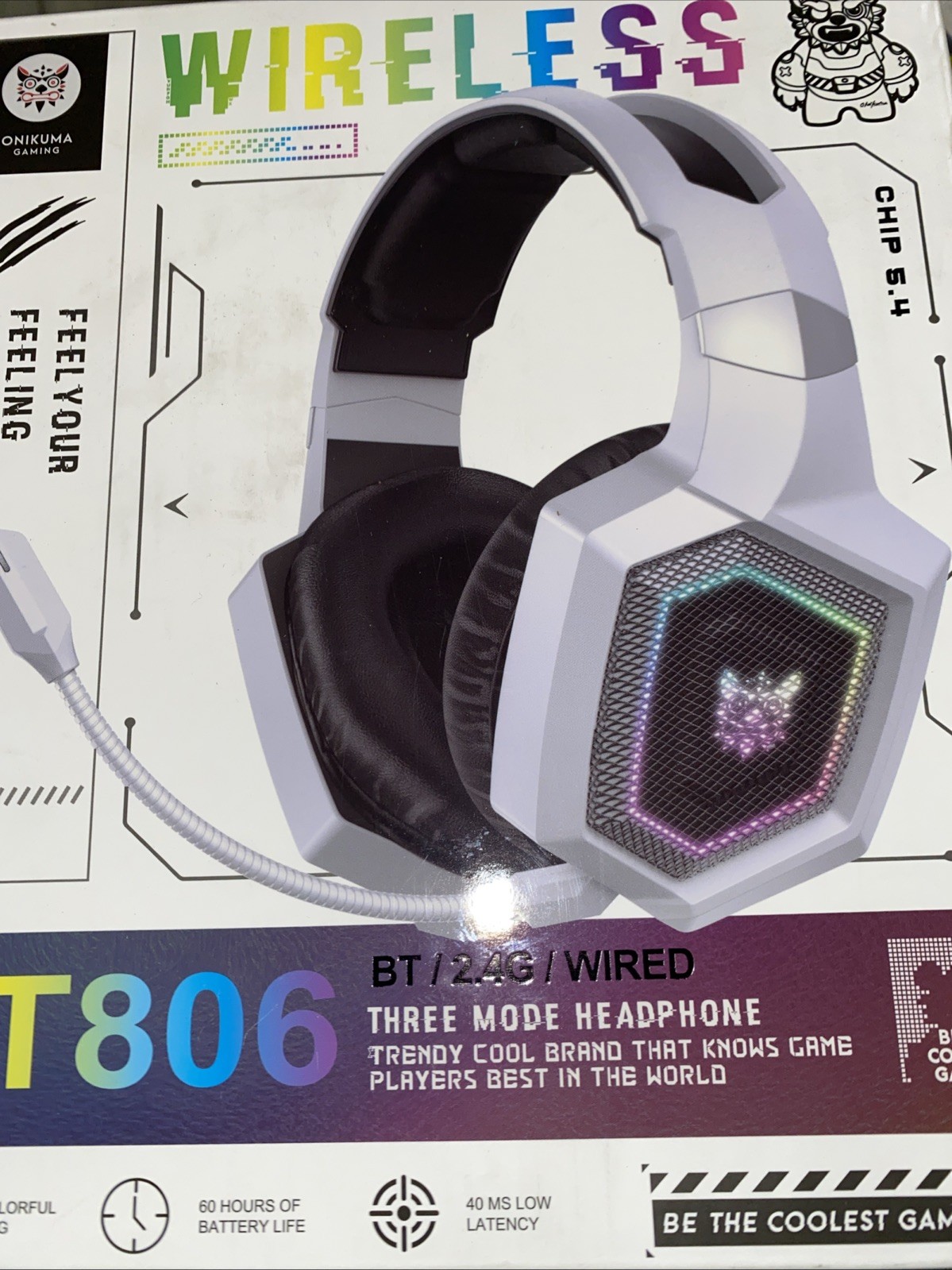 Onikuma GT806 Wireless/Wired Gaming Headset RGB Lighting Boom Mic White