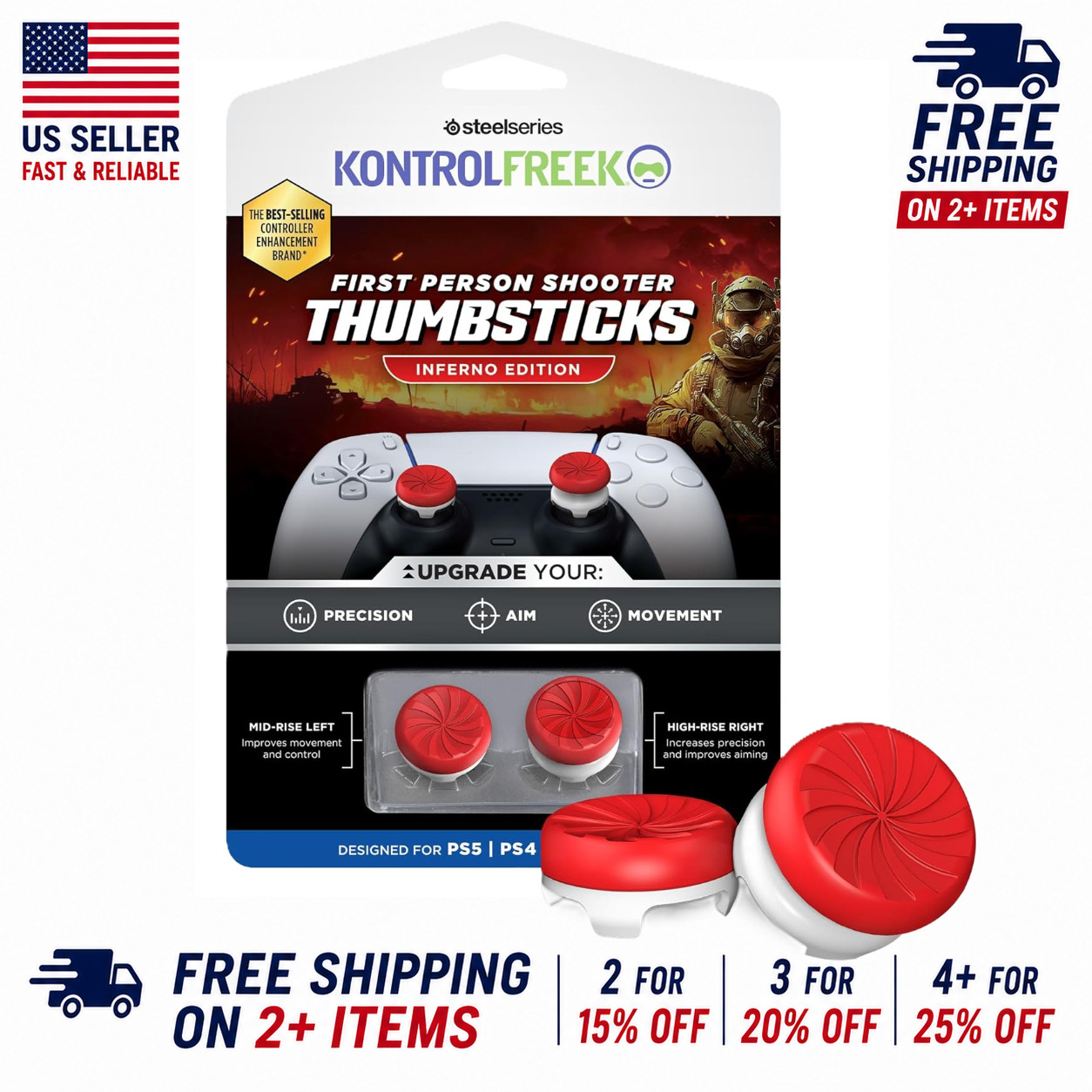KontrolFreek FPS Thumbsticks for PS4/PS5 – Red Inferno – Ships Fast