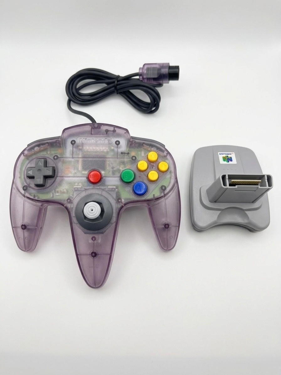 Nintendo 64 Controller Atomic Purple NUS-005 & Nintendo 64 Transfer Pak NUS 019