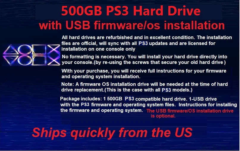 PS3 Original, Slim, Super SIim Internal Hard Drive 500GB w USB Firmware Option