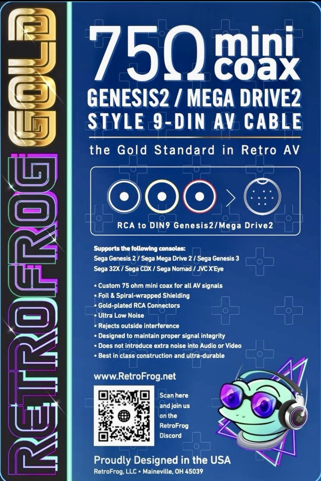 75 Ohm Mini Coax Retro Frog Gold Plated AV Cable -Sega Genesis Model 2/3,CDX,32X