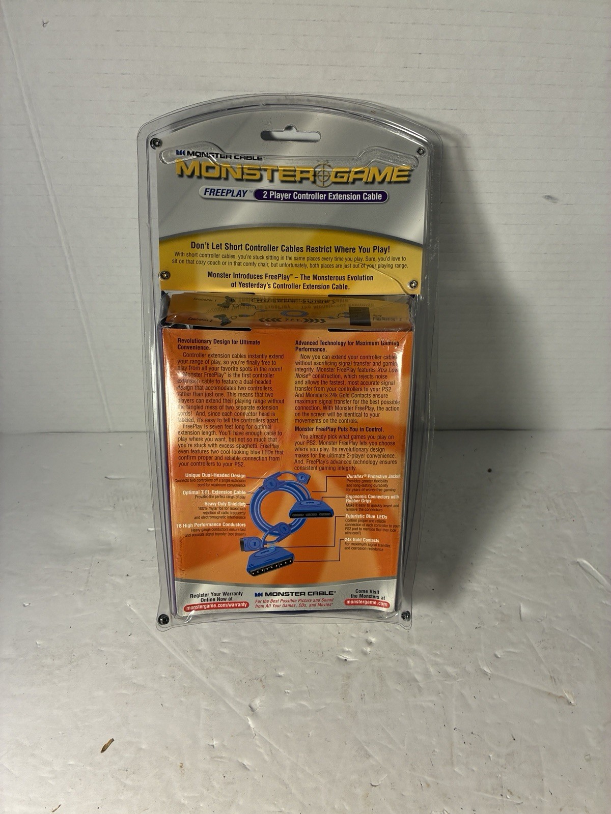 NEW DUAL 2 BLUE LED MONSTER BRAND CONTROLLER EXTENSION CABLES FOR PLAYSTATION 1