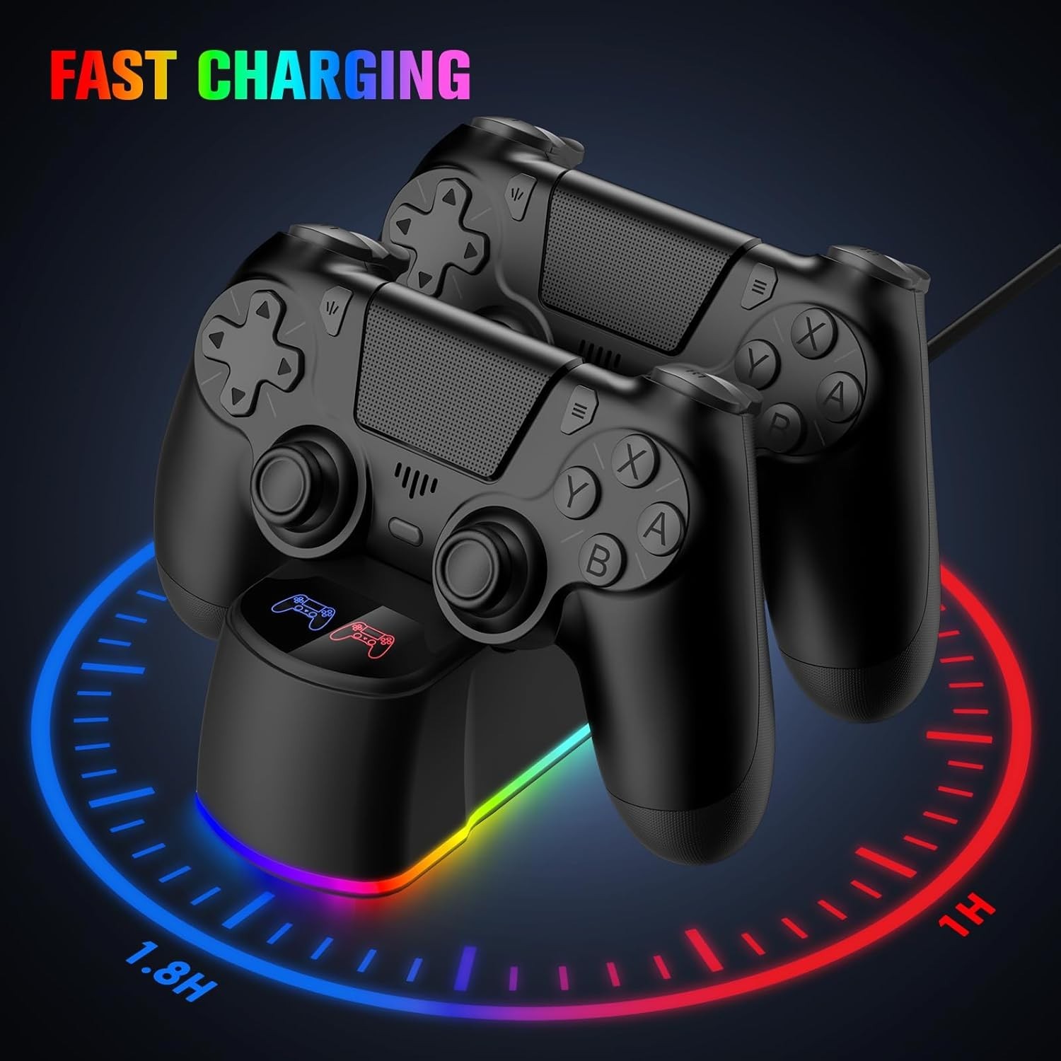 2 Pack PS4 Wireless Controllers with Fast Charging LED Dock, Black