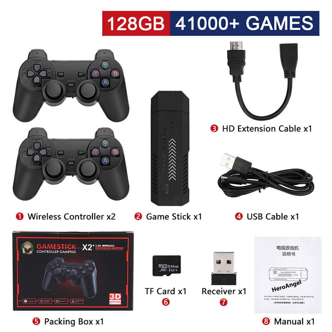 4K HD TV Video Game Console 128GB 41000 Games Stick 2.4G Wireless 2x Gamepads
