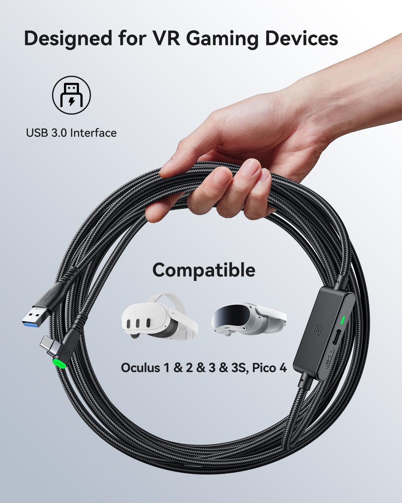 INIU VR Link Cable with Separate Charging Port, 16FT High 16 feet, Black