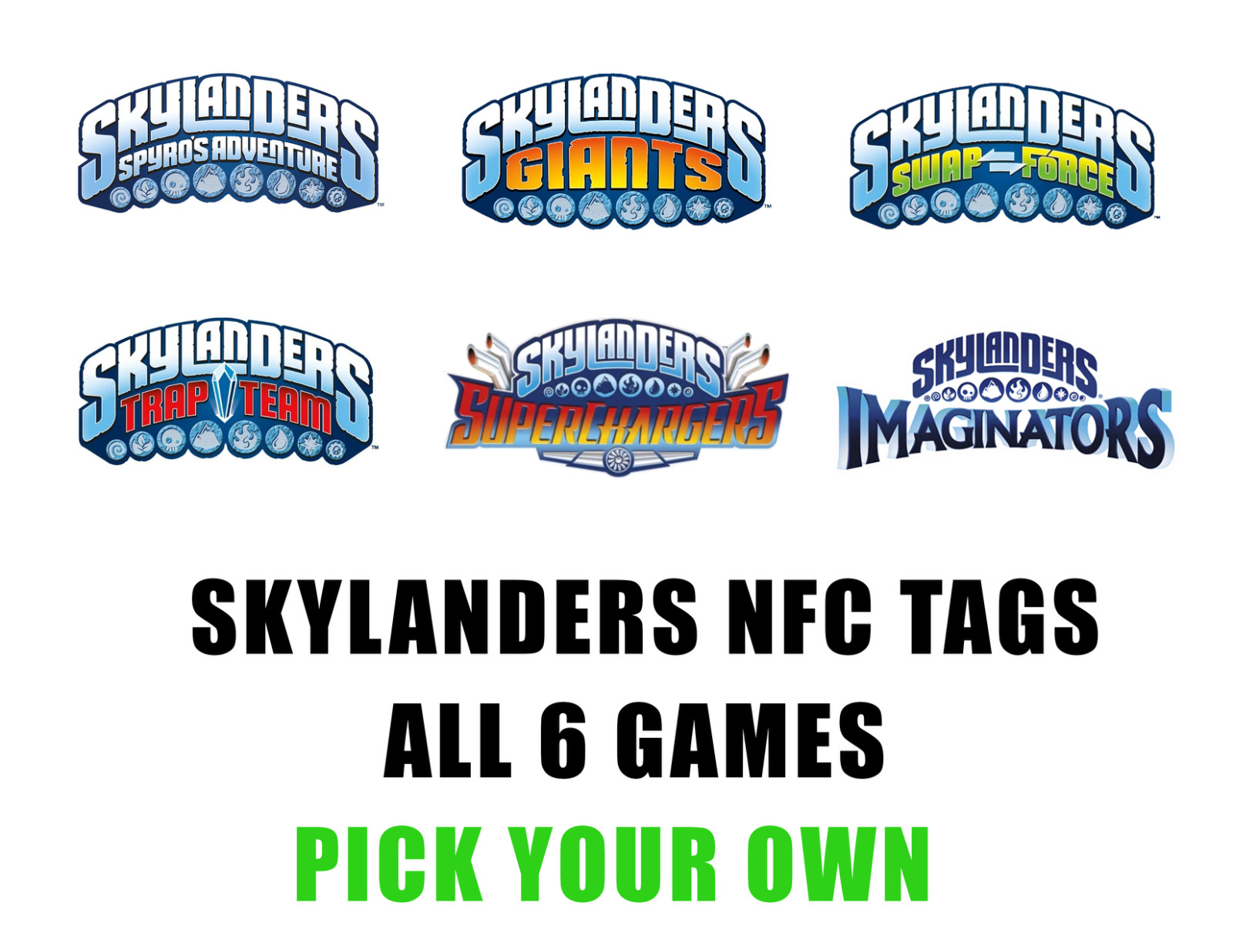 SKYLANDERS INDIVIDUAL NFC Tags – All 6 Games – Pick Your Own
