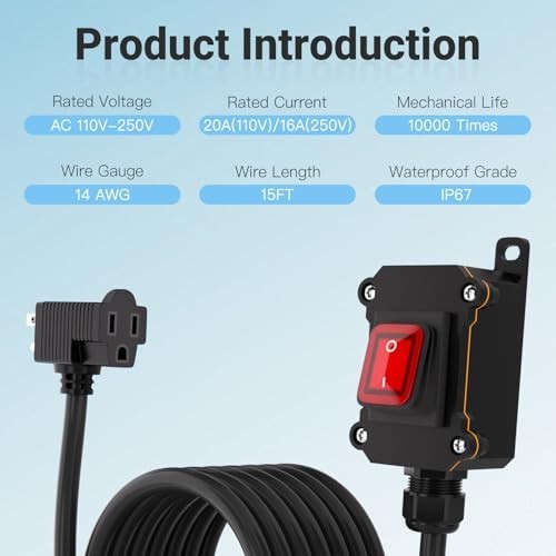 15ft Inline Power Switch with Red LED Rocker, Waterproof Extension Cord, 20A/16A