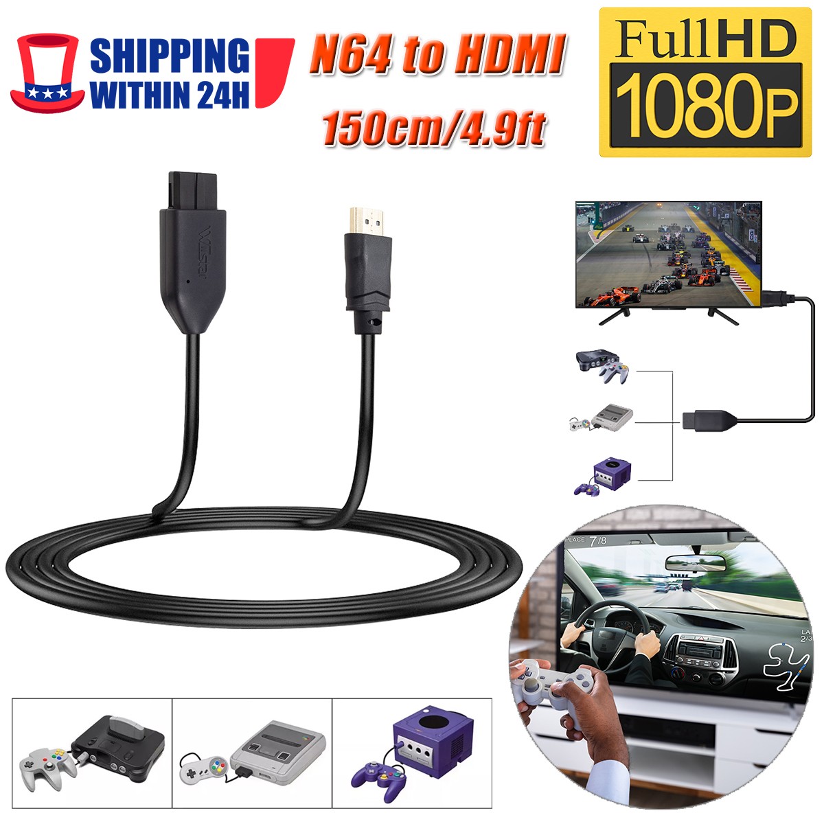N64 To HDMI Converter HD Link Adapter Cable 4.9ft for N64/ Gamecube/SNES/SFC/NGC