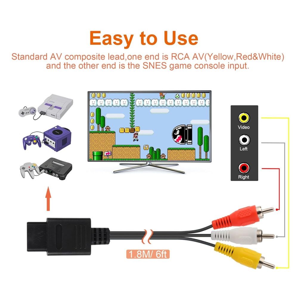 6FT RCA AV Audio Video Cable Compatible with SNES N64 GameCube TV Cord Lead