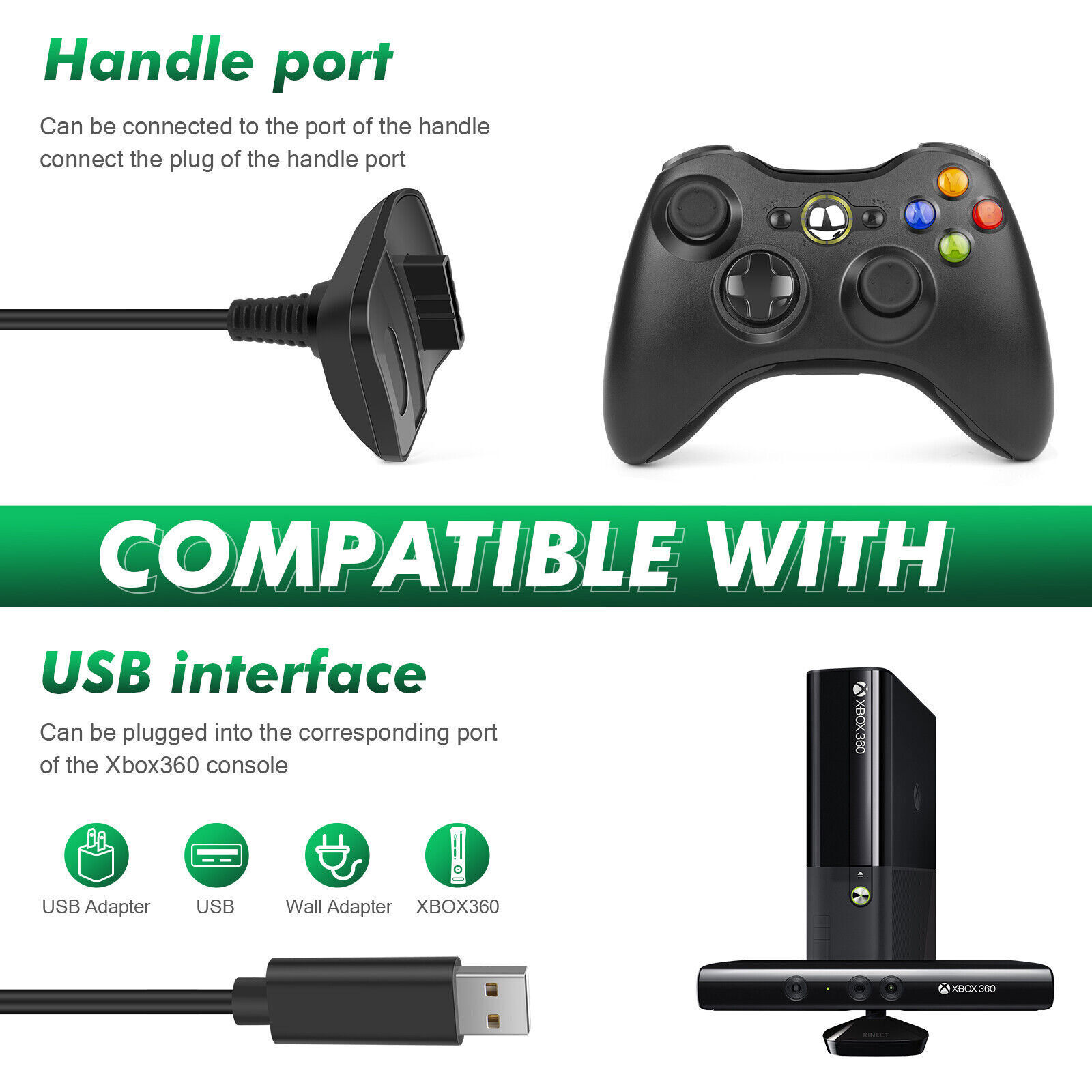 2 Battery Pack For Microsoft Xbox 360 Wireless Controller + USB Charging Cable