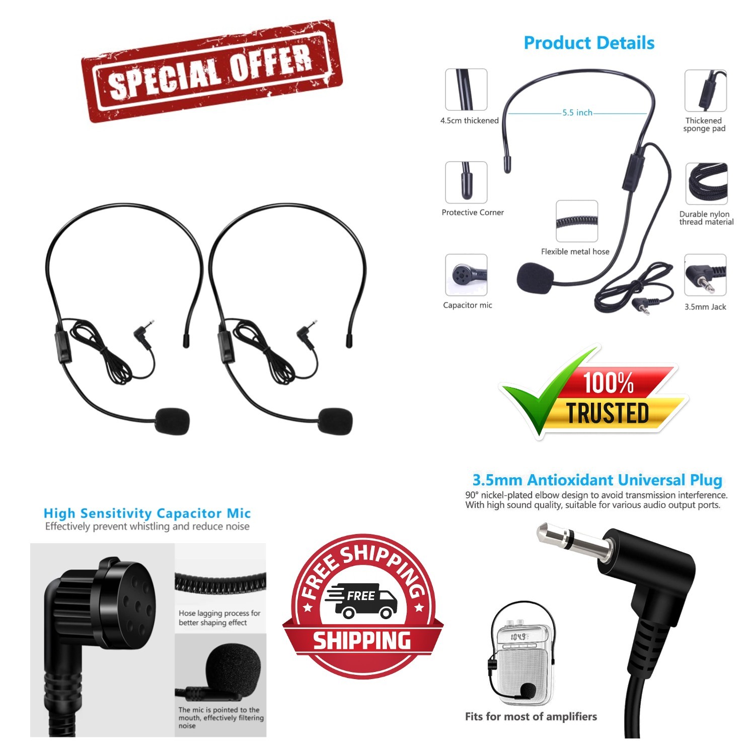 2Pcs Flexible Wired Boom Microphone Headset, 3.5mm Jack for Singing, Teaching &