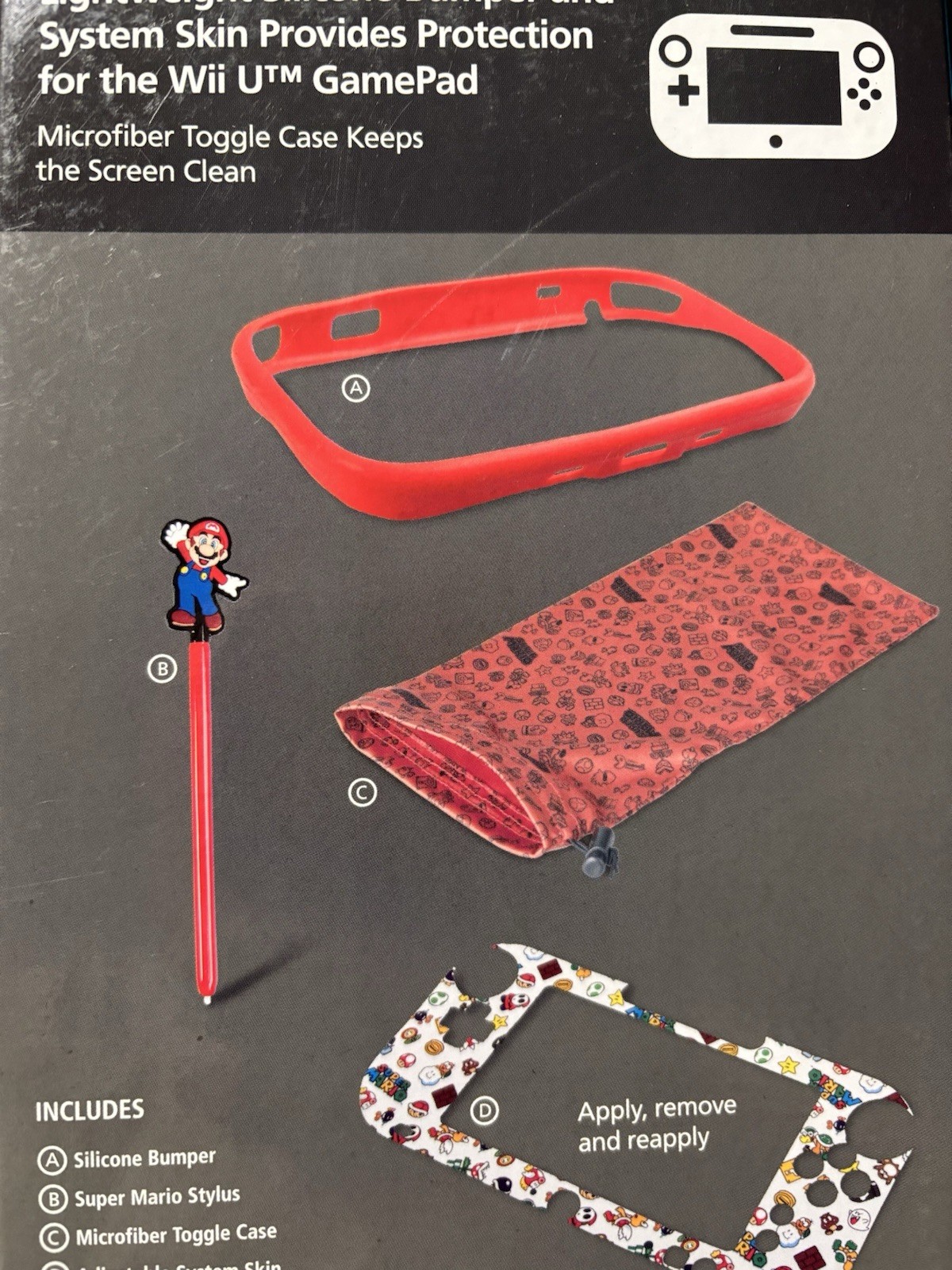 NEW Super Mario Kit Console Skin + Case + Bumper + Stylus for Nintendo Wii U