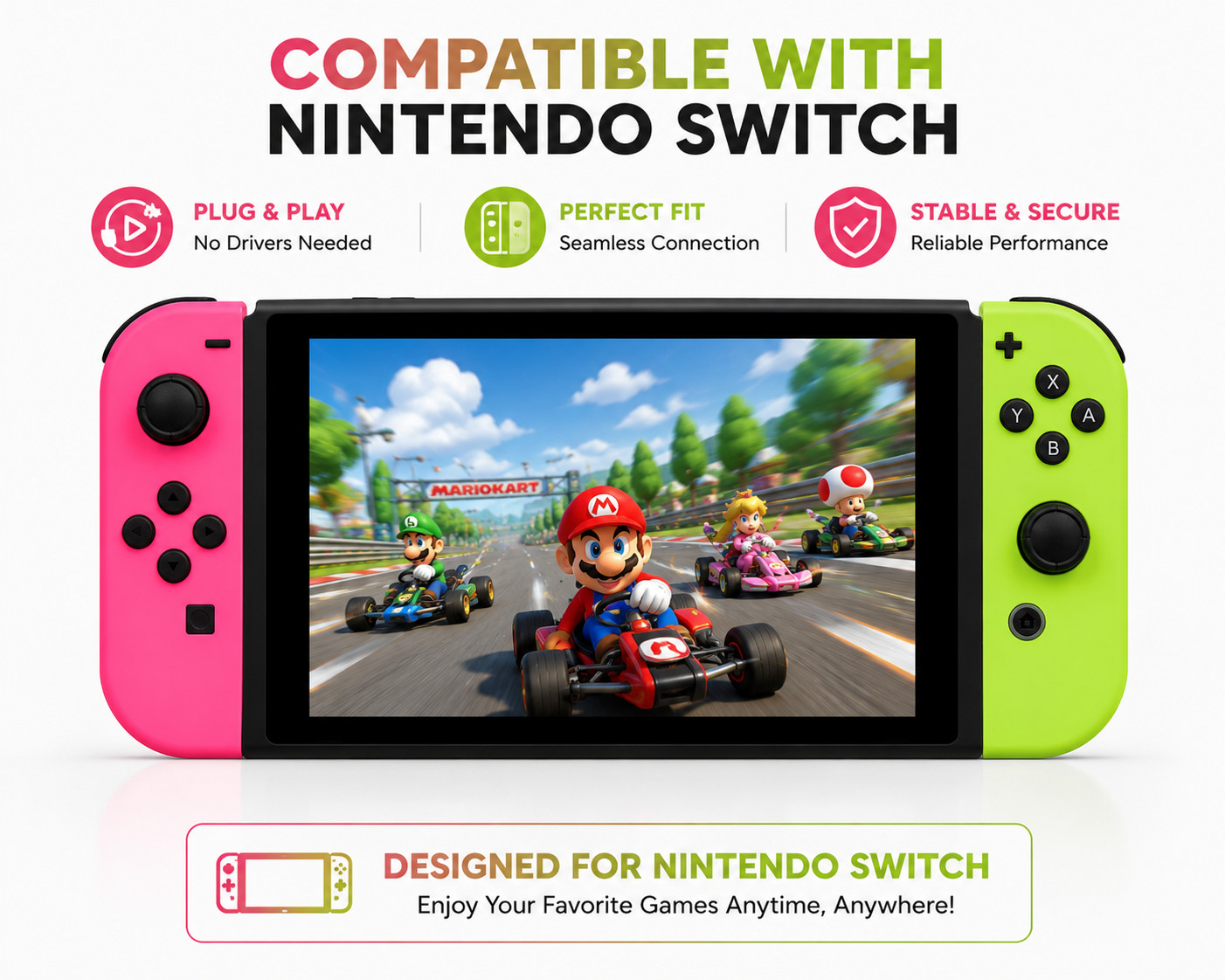 Compatible Wireless Controller Pair for Nintendo Switch L/R Joy Pad Pink Green