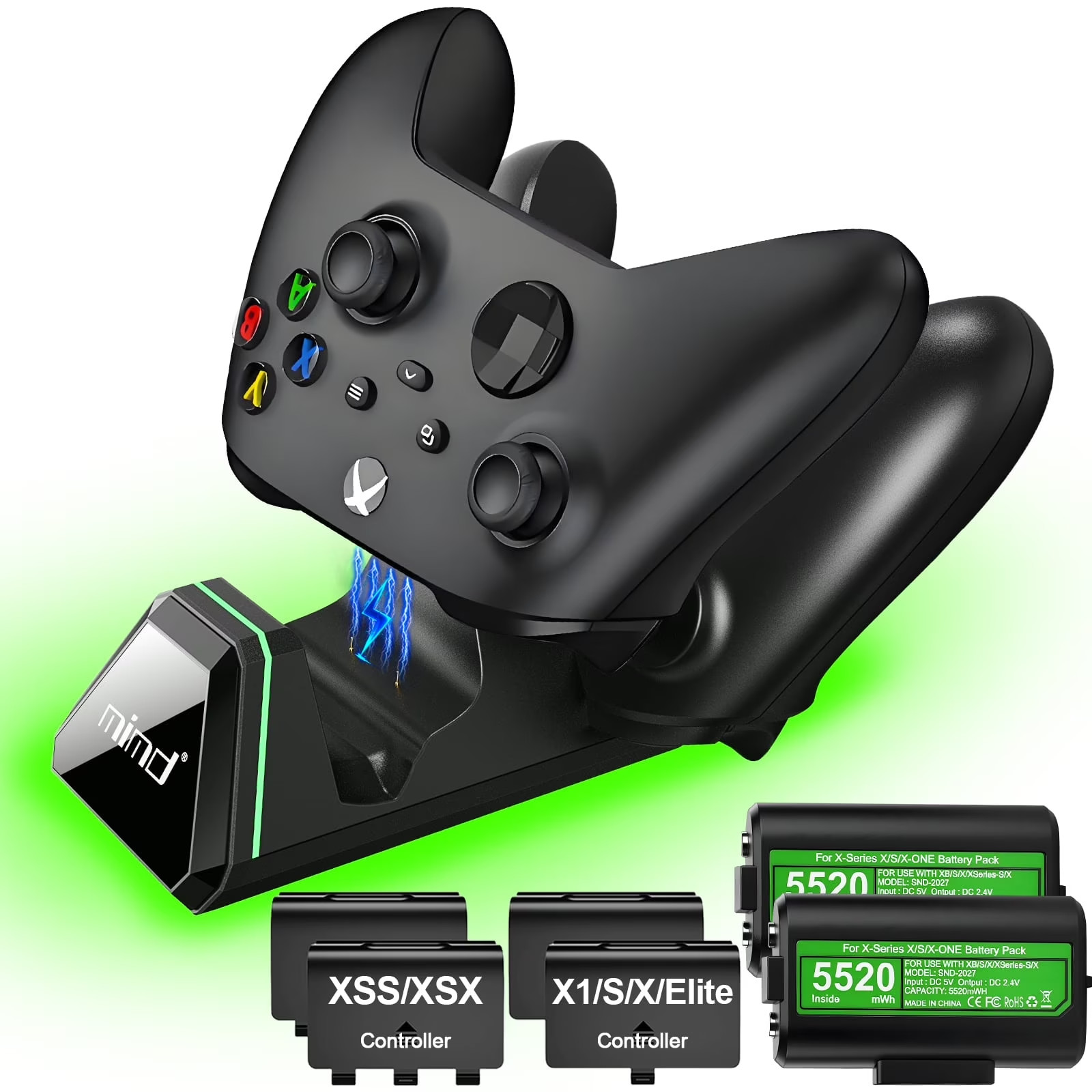 Dual Controller Charger Station w/ 2x5520mWh Rechargeable Battery/Xbox one/S/XS