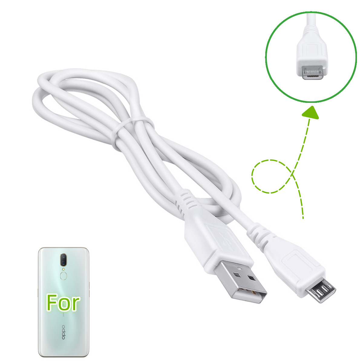 5ft White Micro USB Cable for Oppo A1k A9x A9 A7n A5s R17 F9 A3s A5 A3 F7 R15