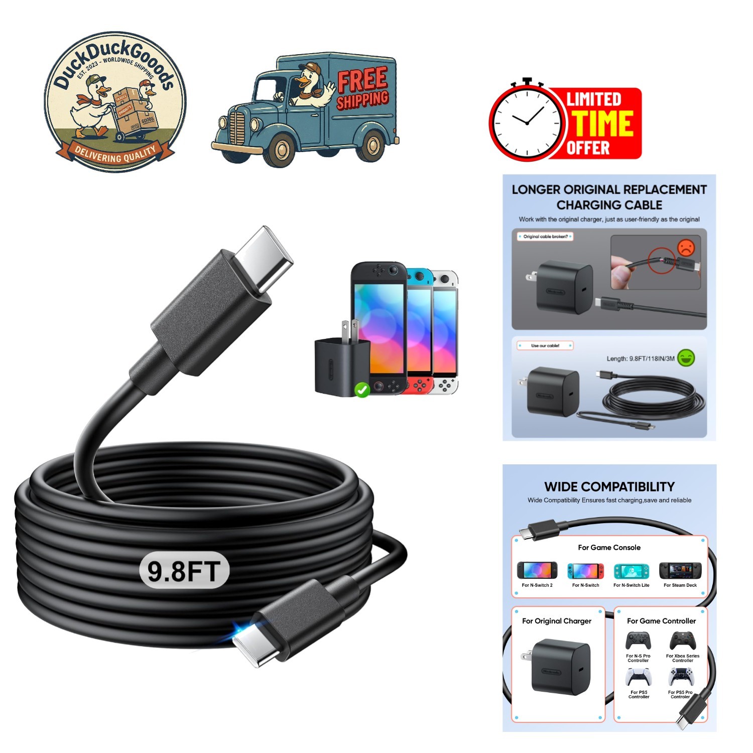 Ultimate 9.8FT Charger Cord for Switch 2 – Fast Charging & 4K TV Dock Compatible