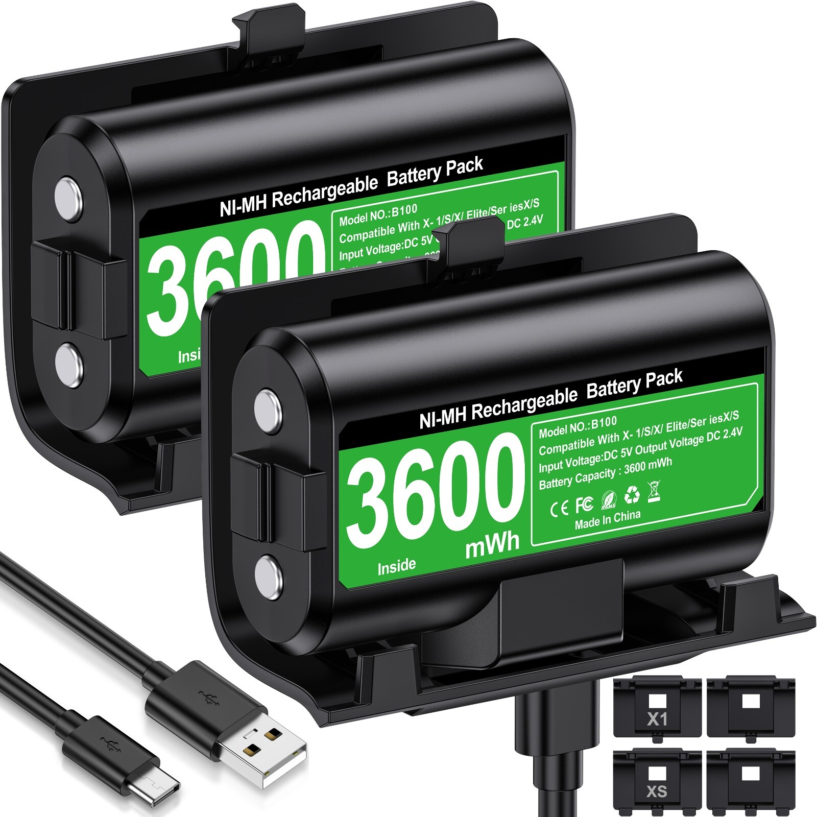 2* 3600mWh Charging Cable Rechargeable Battery Pack for Xbox One Xbox Series X|S