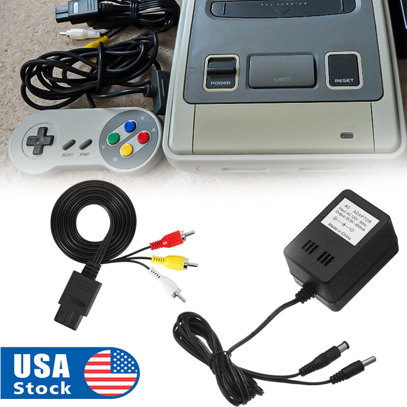 Audio AV RCA+AC Cable Power Supply Adapter Cord For Super Nintendo SNES Game Set