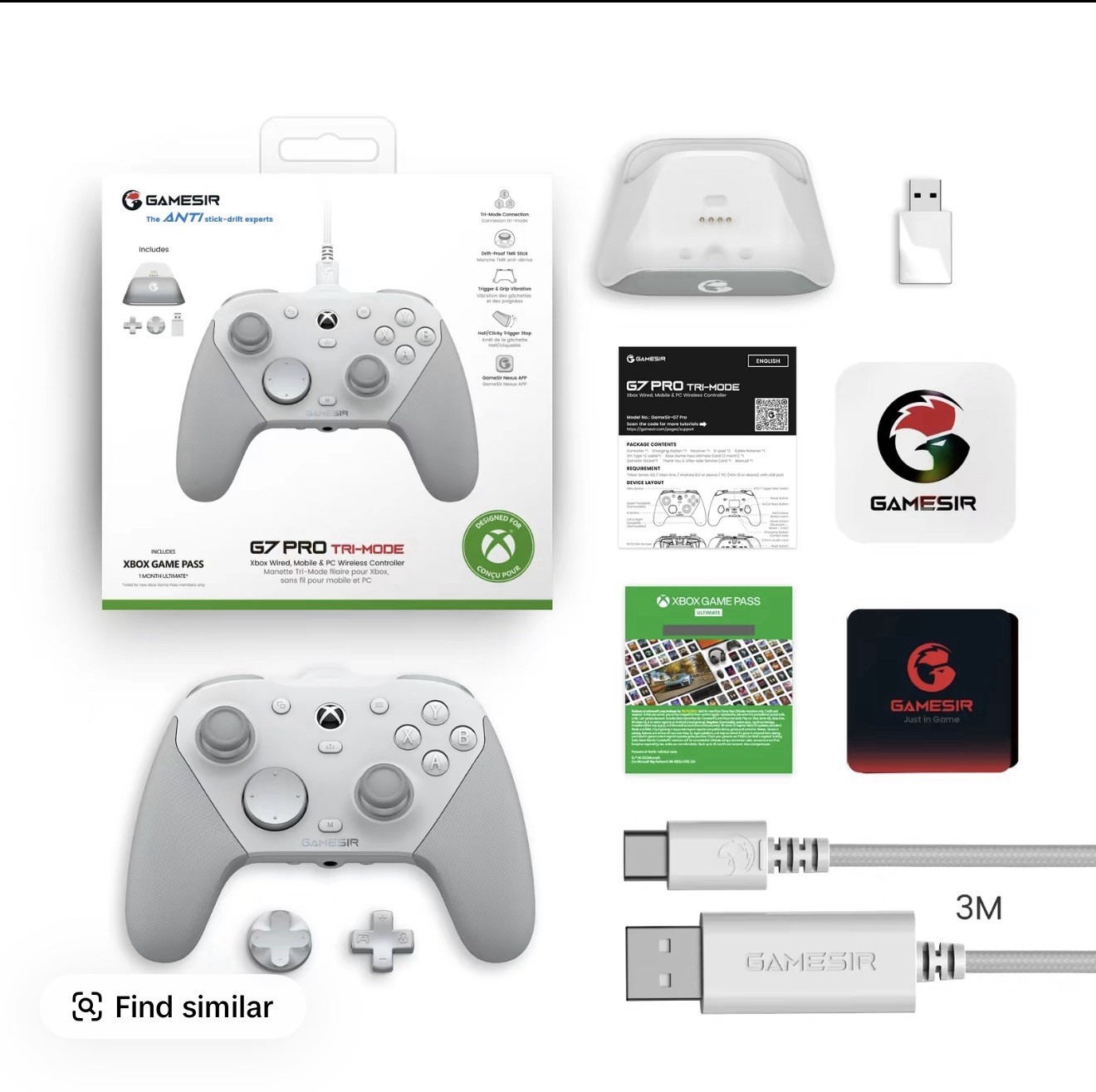 GameSir G7 Pro Tri-Mode Wired Wireless Ergonomic Controller Xbox PC White Gray