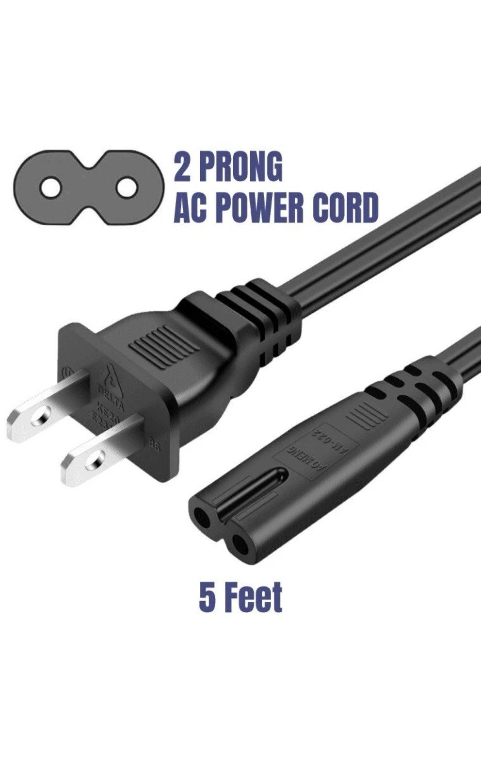 2 Prong AC Power Cord for PS5 PS4 PS3 Xbox TV Monitor Laptop 5ft Figure-8 C7