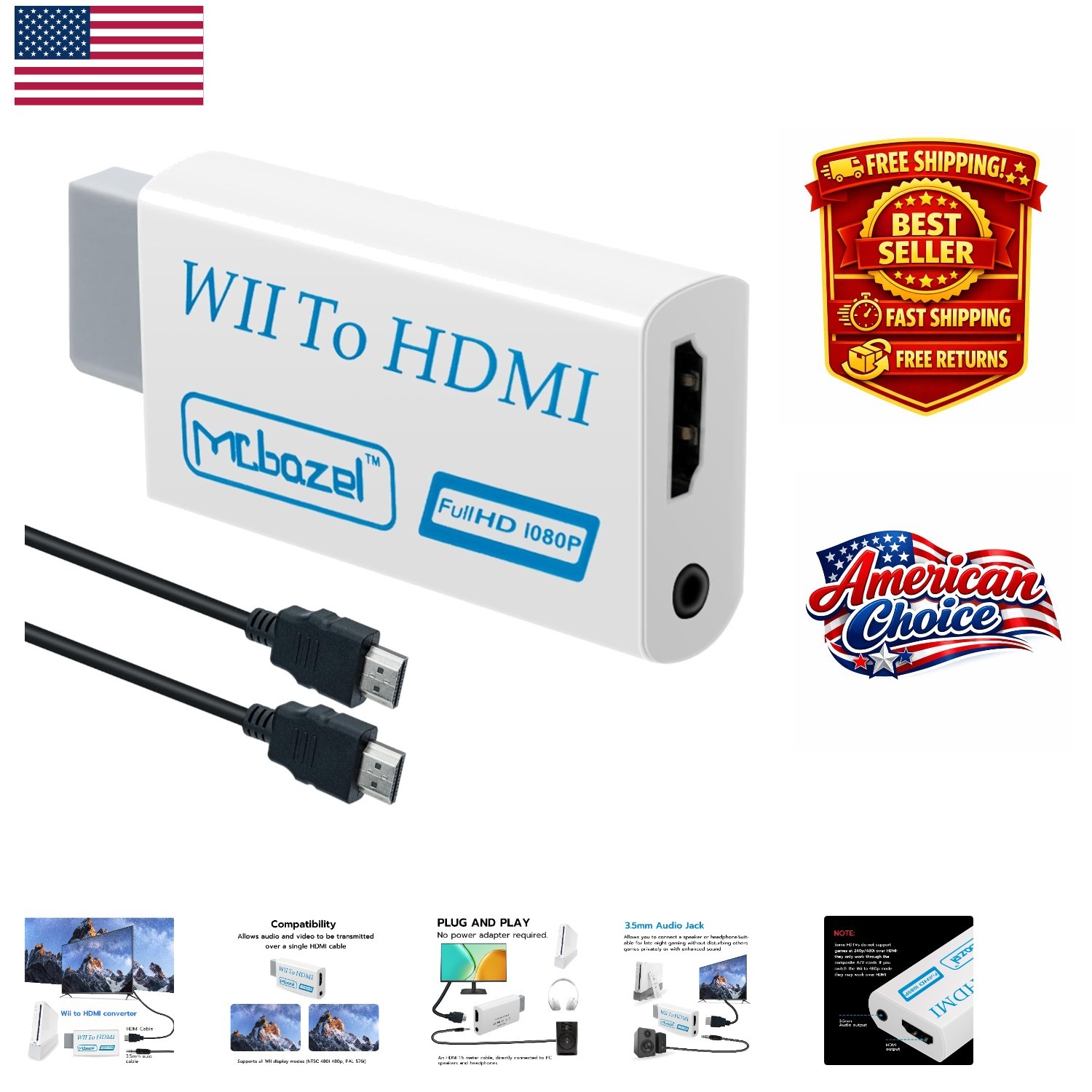 Wii to HDMI Converter – 1.5m Cable, 3.5mm Output for Optimal Gaming Experience