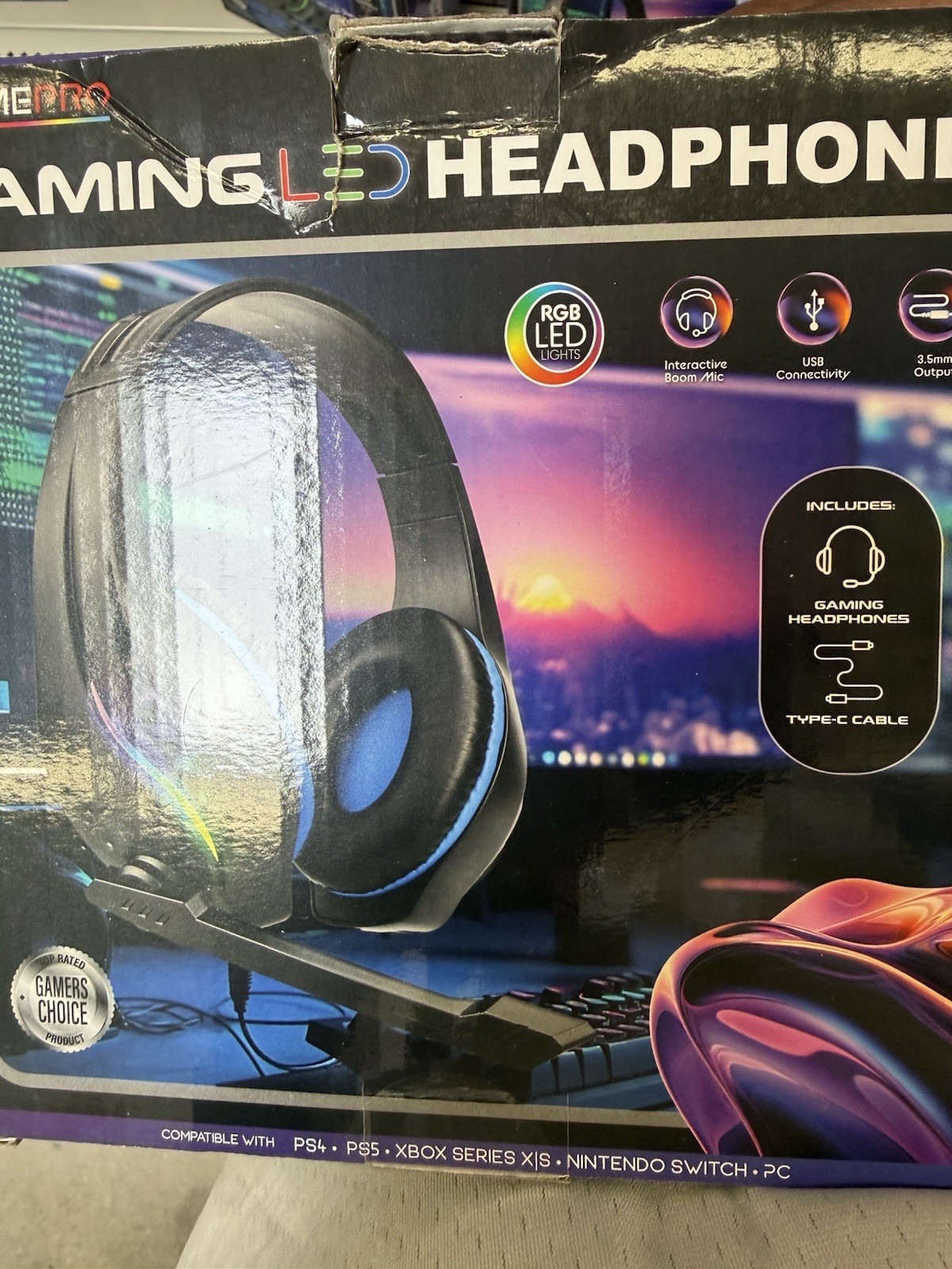 GamePro Gaming LED Headphones RGB Lights Boom Mic USB 3.5mm Type-C Black Blue