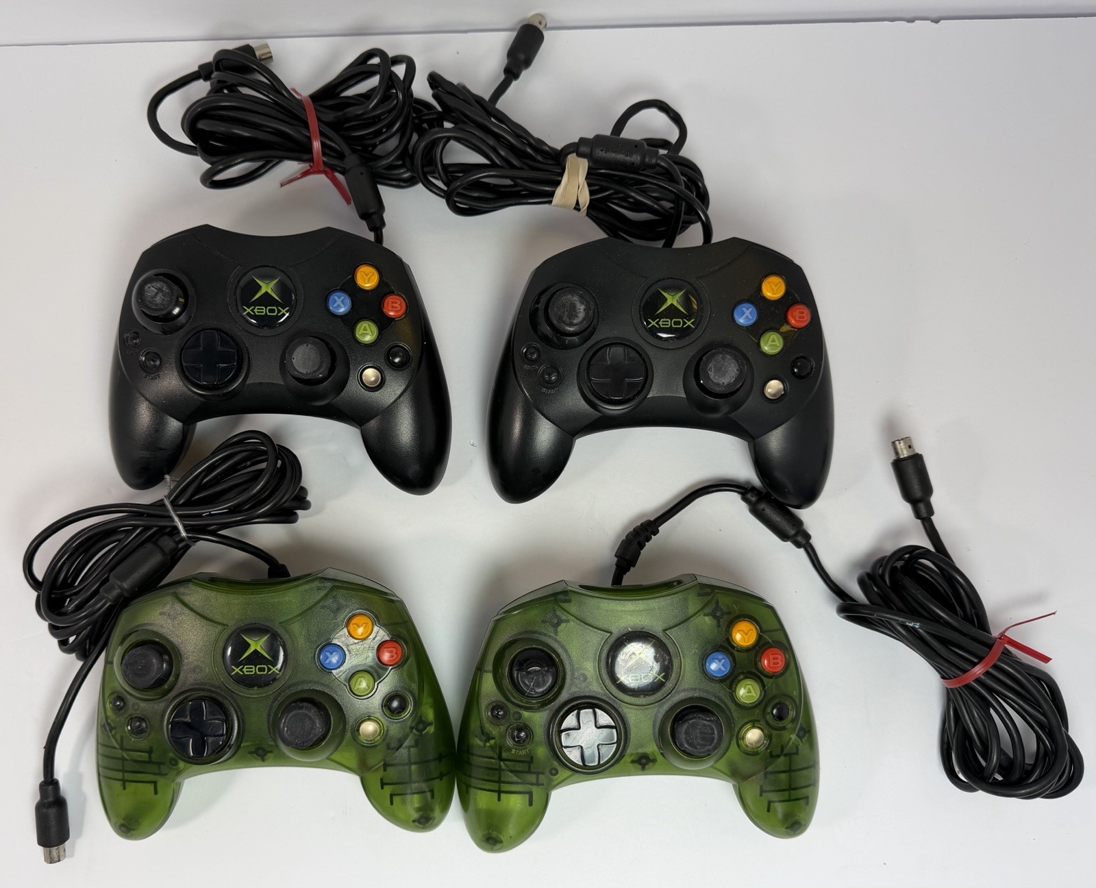 2 Original Xbox Clear Green S Controller Limited Edition/ 2 Black Untested.