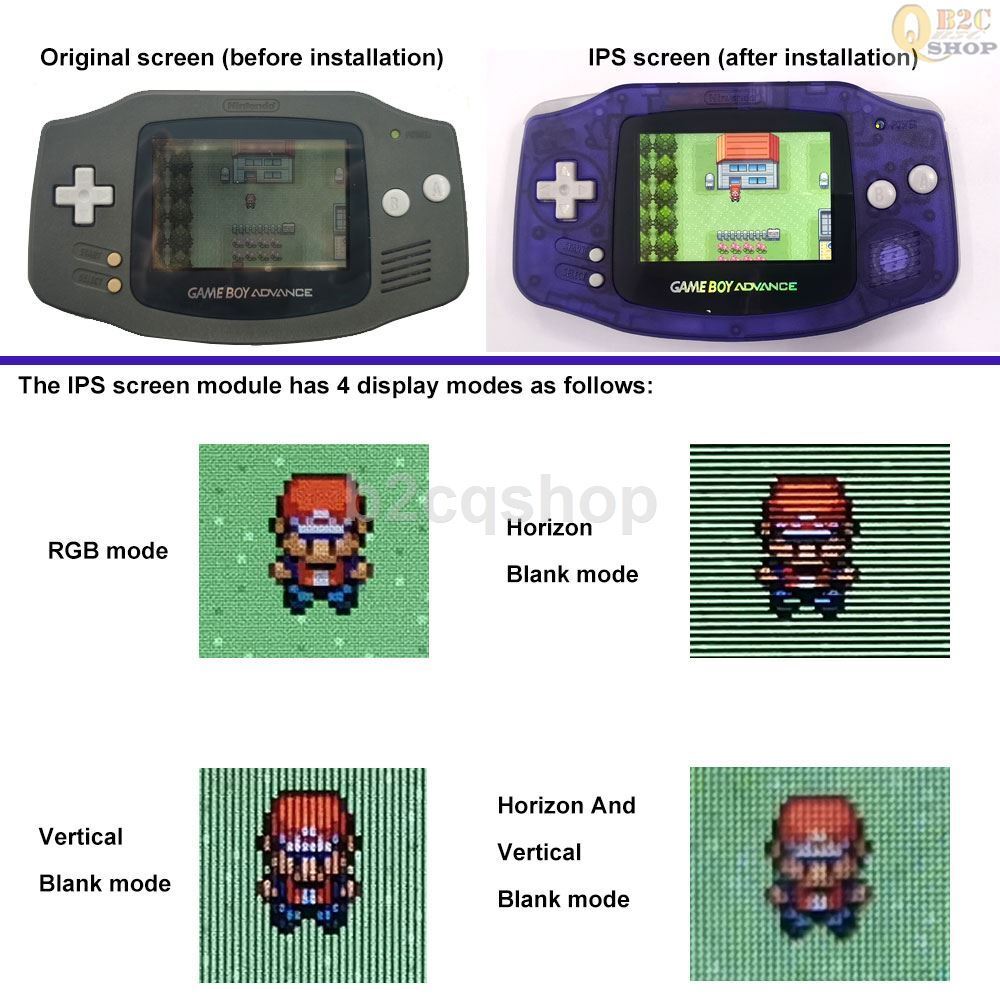 GBA IPS LCD Backlight Kit 1800mAh batteries Drop in with shell GameBoy Advance