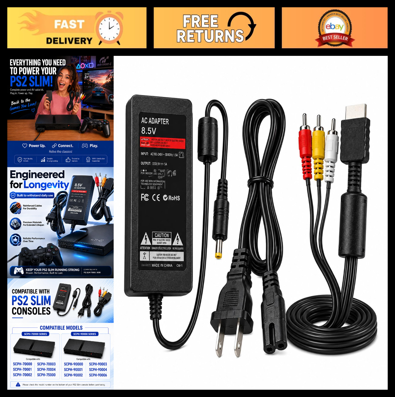 Power Supply AC Adapter & AV Cable Bundle for PS2 Slim SCPH-70000/90000 – Replac