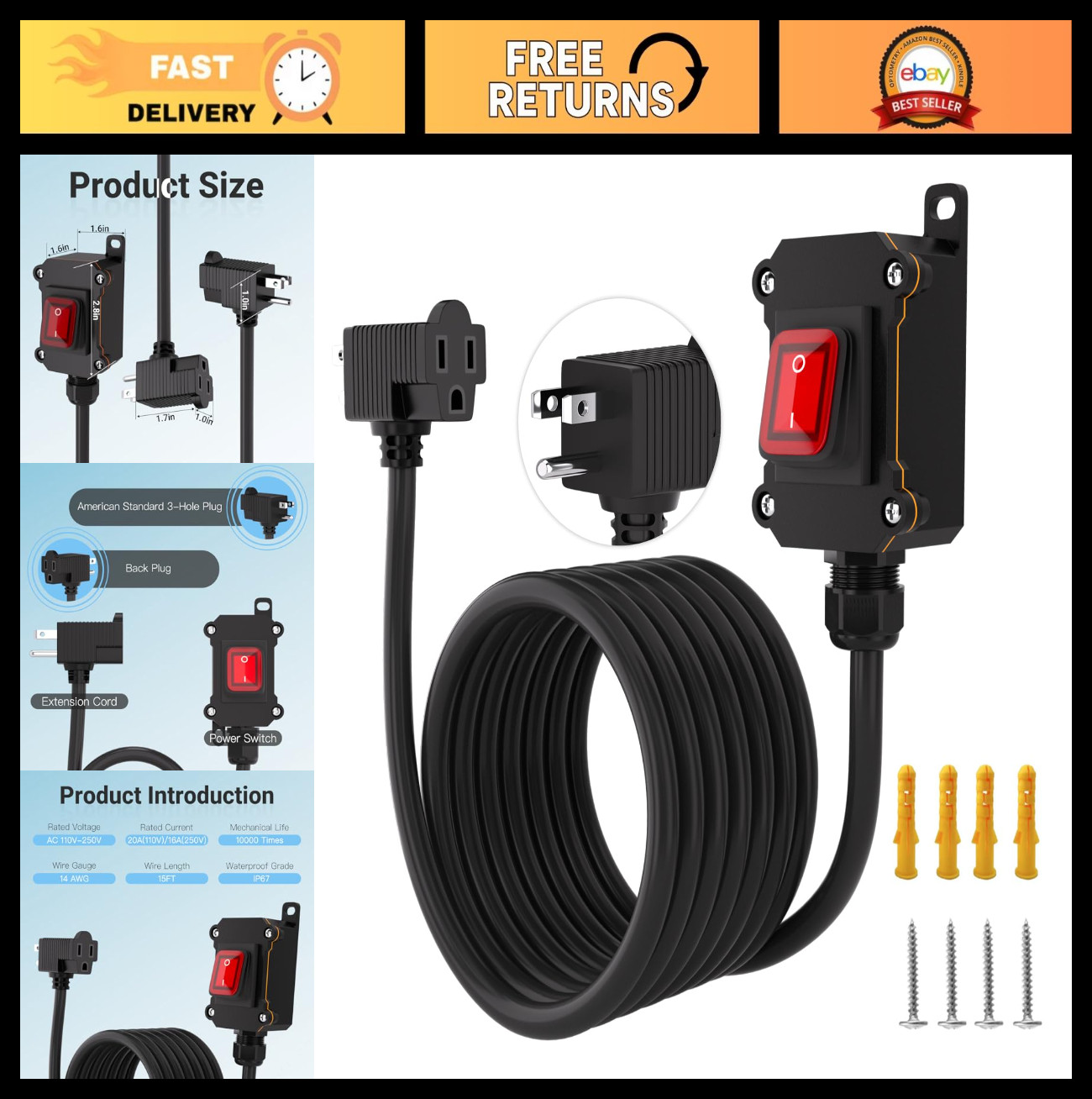15ft Inline Power Switch with Red LED Rocker, Waterproof Extension Cord, 20A/16A