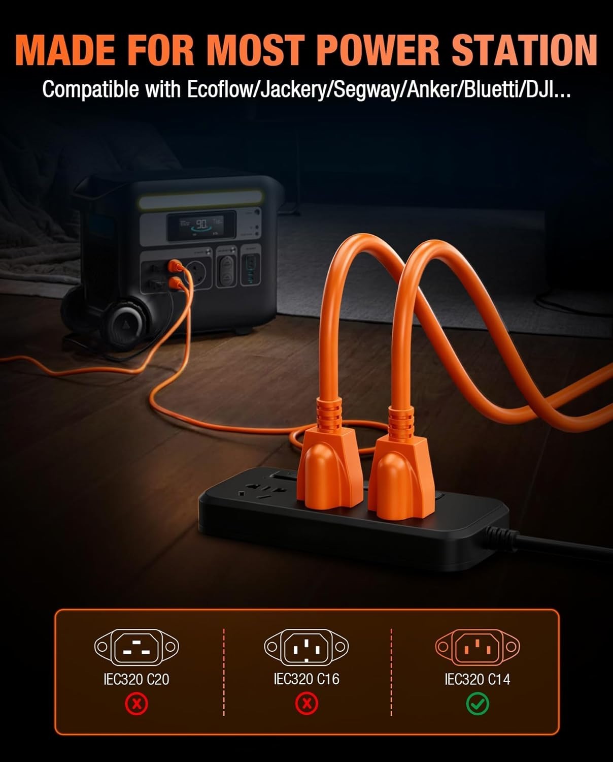 16FT Orange AC Power Cord with Male-Female Connector for Versatile Compatibility