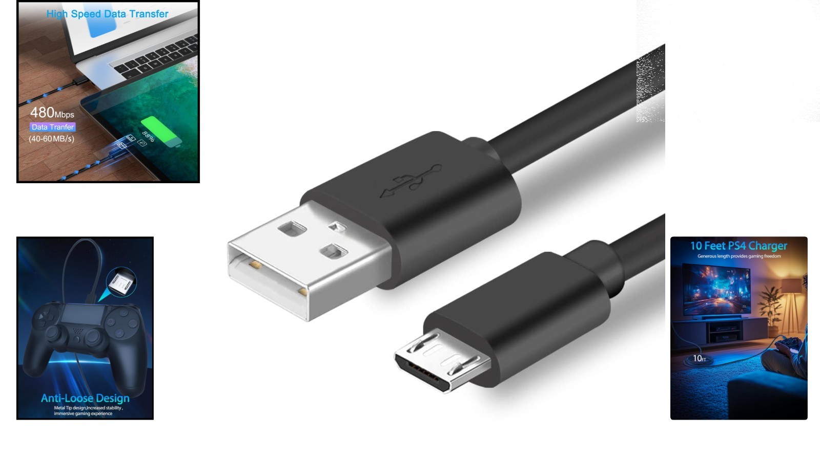 10ft PS4 Charging Cable & Xbox One Compatible Micro USB Cord – Fast Charge