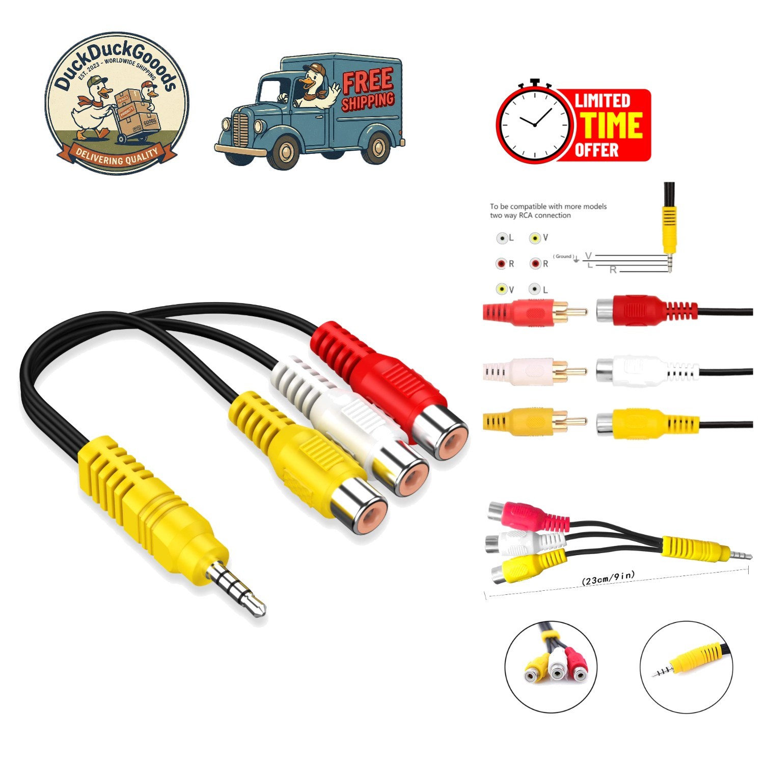 High-Speed 9in AV Adapter from 3 RCA to AV Input – Plug and Play Convenience